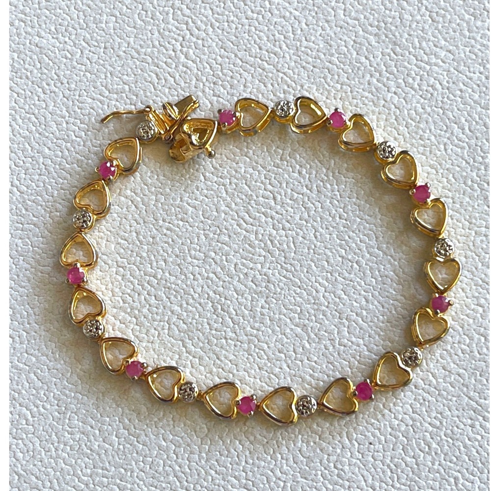 Vintage Ross-Simons 925 Sterling Silver Vermeil Ruby Diamond Heart Bracelet 7.5"